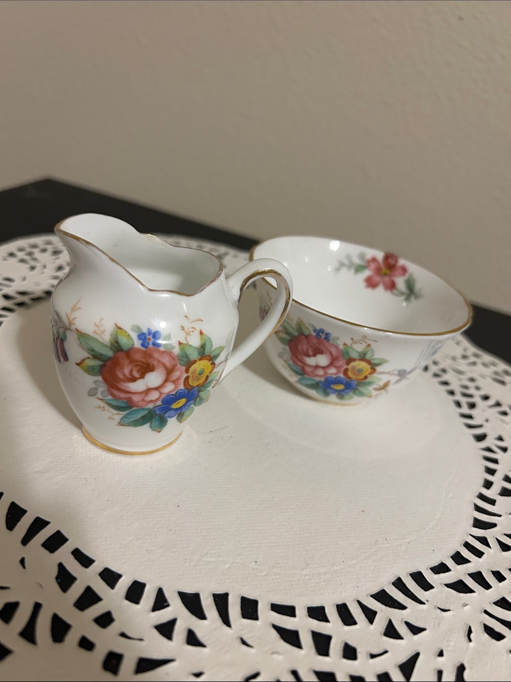 Porcelain Creamer and Sugar Bowl Set with Floral Motif and Gold Trim - White